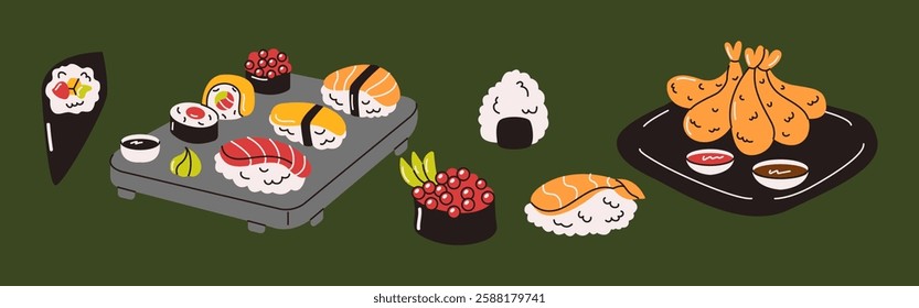 Illustration of a set of sushi rolls, nigiri, and tempura shrimp, arranged on a dark background, emphasizing the vibrant colors of traditional Asian cuisine.