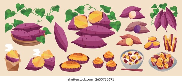 Illustration of a set of sweet potato dishes