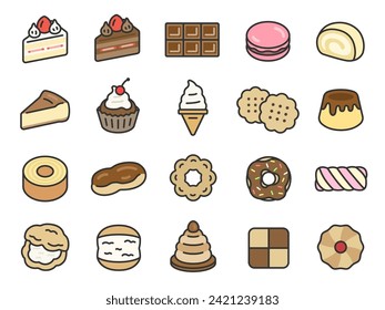 Illustration set of sweets icons (line drawing color).