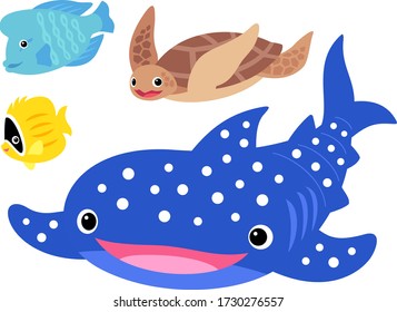 Illustration set of swimming sea creatures (whale shark, sea turtle, tropical fish)