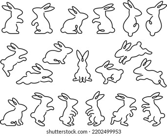 Illustration set of swirling line drawings in the shape of silhouettes of rabbits