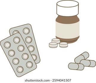 Illustration set of tablets and capsules for commercially available drugs and pharmaceuticals