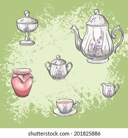 Illustration set of tea and jam jars