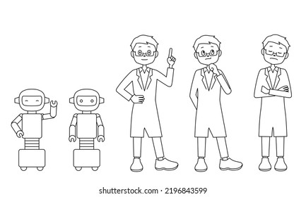 Illustration set of teacher and robot with various facial expressions (white background, vector, clipping)