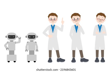 Illustration set of teacher and robot with various facial expressions (white background, vector, clipping)