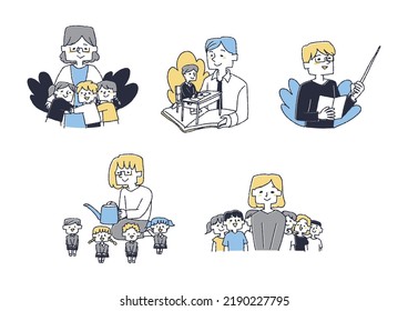 Illustration set of teachers and staff engaged in education with love, comical hand-drawn characters
