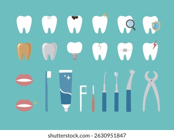 Illustration set of teeth, instruments, etc. that can be used by dentists