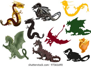 illustration with set of ten dragons on white background