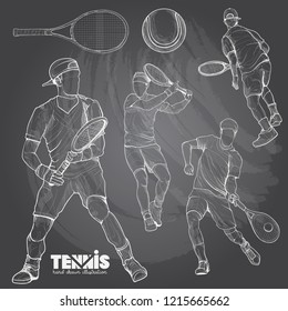 illustration set of tennis. tennis player chalk drawing style.