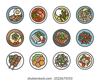 Conjunto de ilustración de iconos de comida tailandesa (color de dibujo de línea).