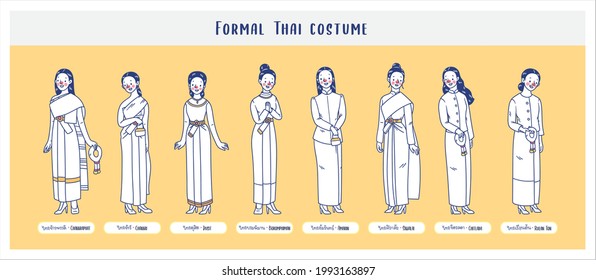 conjunto de ilustraciones de una mujer tailandesa con un estilo diferente de trajes nacionales formales de Tailandia. Mujer joven milenaria con traje tradicional. ilustración de carácter vectorial plano. Doodles de dibujos animados de personas 2D.