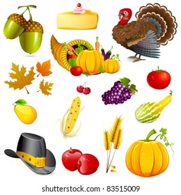 illustration of set of thanksgiving elements on white background