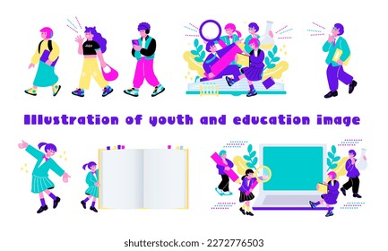 An illustration set that imagines a busy school life and ICT education