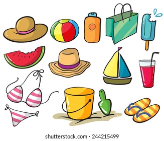 Ilustración de un conjunto de cosas relacionadas con la playa