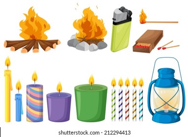 Illustration of the set of things that causes fires on a white background