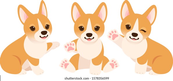 Illustration set of three Corgi puppies raising their hands