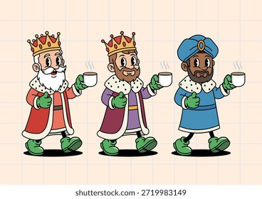 Una ilustración de un conjunto de tres reyes magos o personajes Magos diseñados en un estilo de animación de manguera de goma vintage y se muestran caminando mientras sostienen tazas de café humeantes y dan un pulgar hacia arriba