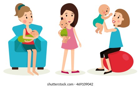 illustration set of the three elements, women and children in various poses