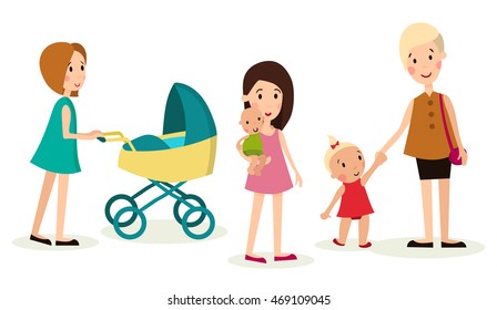 illustration set of the three elements, women and children in various poses