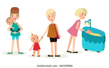 illustration set of the three elements, women and children in various poses