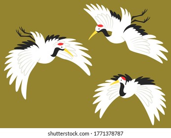 Illustration set of three flying cranes