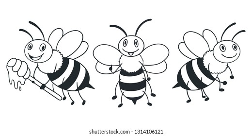 Illustration Set of a Three Friendly Cute Bee Flying and Smiling - Vector