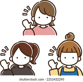 Illustration set of three girls with different hairstyles and clothes talking cheerfully while raising their right hand