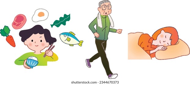 Illustration set of the three major principles of health, diet, exercise, and sleep