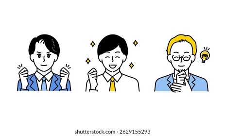 Illustration set A of three motivated and smiling business men.