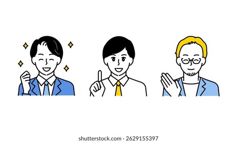 Ilustração conjunto A de três homens de negócios motivados e sorridentes.