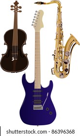 ilustración con conjunto de tres instrumentos musicales aislados en fondo blanco