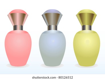 Illustration of a set from three small bottles of female perfumery of different colors