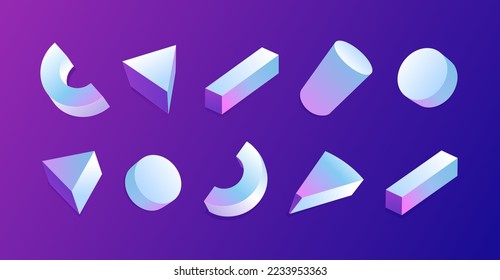 An illustration set of three-dimensional shapes that can be used in combination. Vector material.