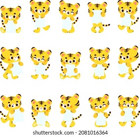Illustration set of a tiger with a blank piece of paper