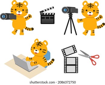 Illustration set of tiger characters taking videos and editing on a laptop