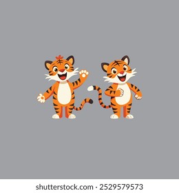 Illustration set of tiger (whole body standing sideways, front face, footprint icon).