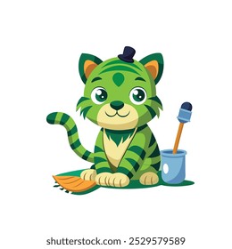 Illustration set of tiger (whole body standing sideways, front face, footprint icon).