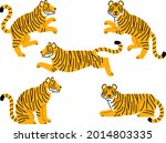 Illustration set of tigers in various poses (stand up, run, sit, lie down)