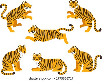 Illustration set tigers in various poses (sit  run  lie down  stand up)