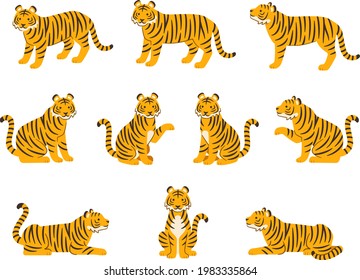 Illustration set of tigers in various poses (standing, sitting, lying down, beckoning)