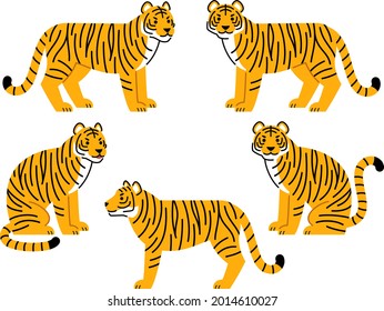 Illustration set of tigers in various poses (sitting, standing, facing sideways)