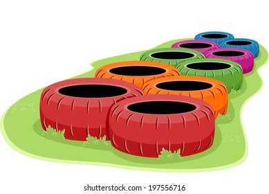 Illustration of a Set of Tires in an Obstacle Course