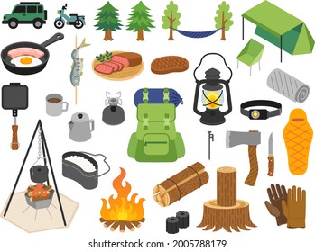 Illustration set of tools for camping solo 