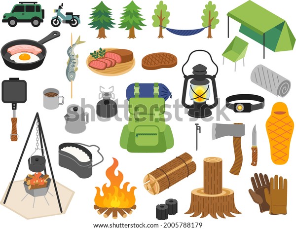 Illustration set of tools\
for camping solo 