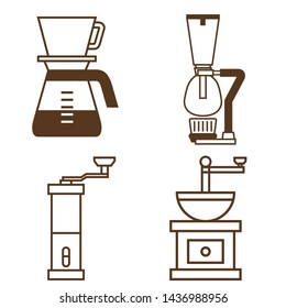 Illustration set of tools to make coffee, mill, server, dripper (line drawing), vector data