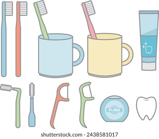 Illustration set of toothbrush, toothpaste, interdental brush and floss.
Illustration with outline.