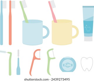 Illustration set of toothbrush, toothpaste, interdental brush and floss.
Illustration in flat design without outline.