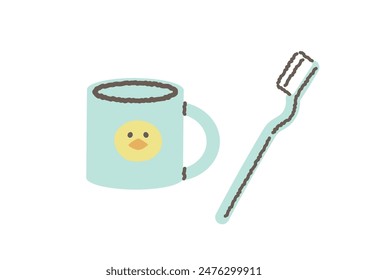Illustration set of toothpaste cup and toothbrush