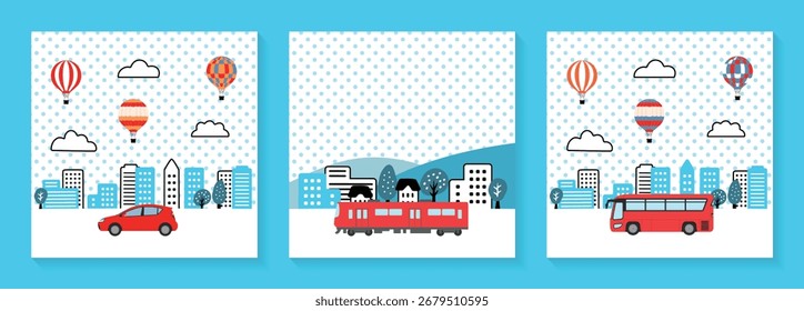 Illustration set of townscape, train, bus, car, and balloon