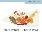 An illustration set of traditional Chinese herbal medicine materials. The background is transparent.